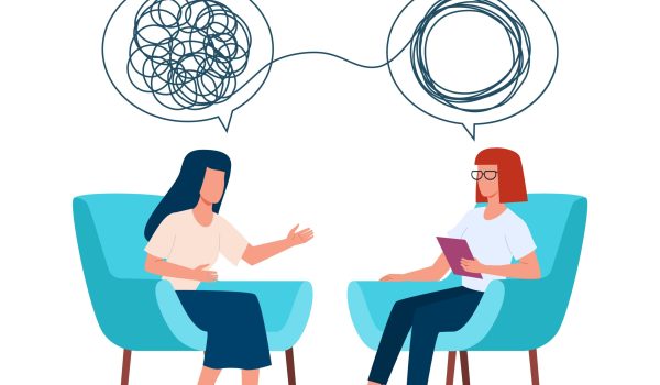 Psychotherapy concept. Psychologist and patient with tangled and untangled mind metaphor, doctor solving psychological problems, couch consultation, mental health treatment flat vector illustration