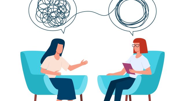 Psychotherapy concept. Psychologist and patient with tangled and untangled mind metaphor, doctor solving psychological problems, couch consultation, mental health treatment flat vector illustration