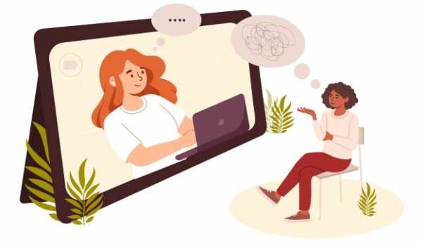 Psychological counseling concept. Woman helping character with depression and frustration. Poster or banner for website. Psychological help and support, mental health. Cartoon flat vector illustration